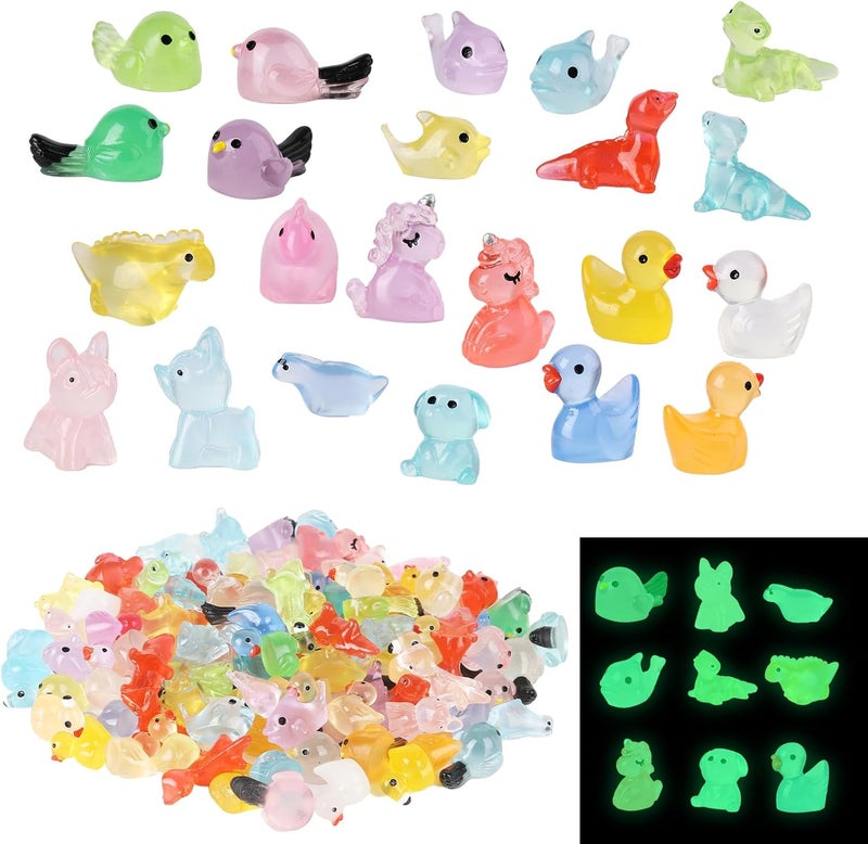 Junware 100 Pcs Tiny Resin Animals to Hide, Mini Luminous Resin Animals Bulk for Miniature Fairy Garden Accessories Micro Landscape Aquarium Cake Potted Plants Dollhouse Moss Patio Home Decor Crafts - Image 1